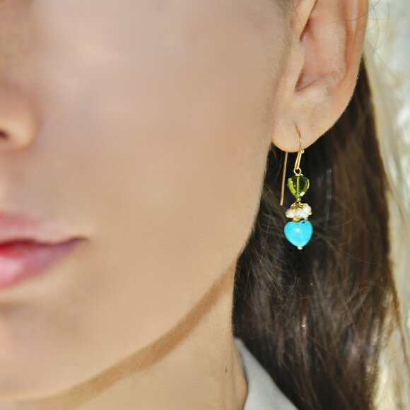 18K Solid Gold Turquoise, Green Tourmaline/Pearl Beaded Drop Dangle Earrings - Picture 5 of 6